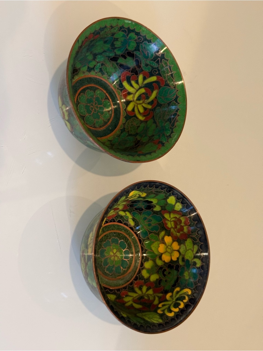 Handcrafted Green Floral Cloisonné Bowls - Pair-set of two
